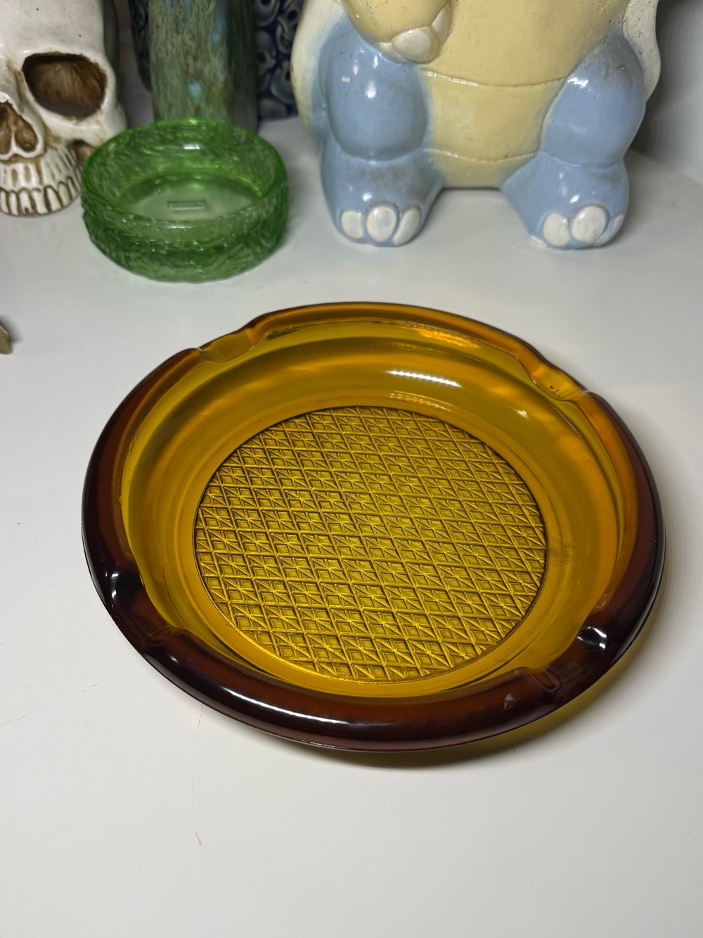 Vintage 1970s Mid Century Amber Glass Ashtray With Diamond Pattern In The Middle